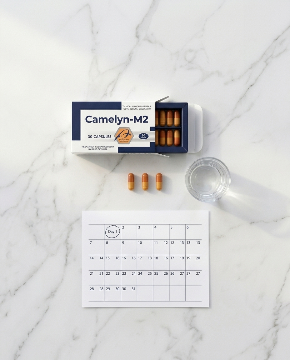 Camelyn M2 protocol flat-lay — open box, 3 capsules, calendar Day 1, glass of water